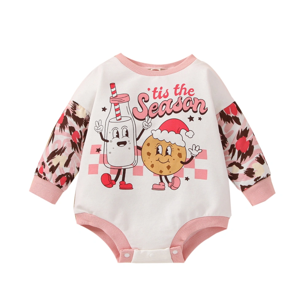 Girls Long Sleeve O Neck Letter & Biscuit & Leopard Print Romper