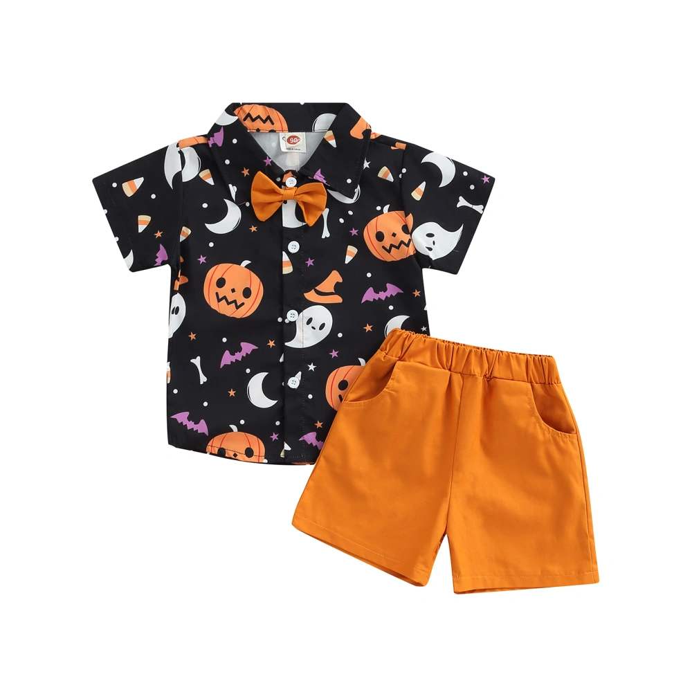 Boys Halloween Shorts Set, Ghost/Pumpkin Print Shirt + Shorts + Bowtie