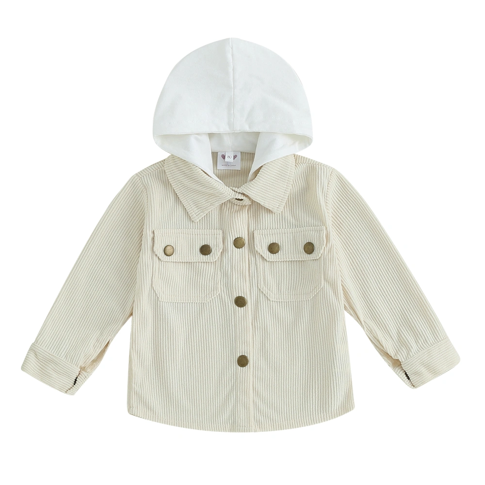 Boy Fall Corduroy Hood Coat, Contrast Color Long Sleeve Button Jacket