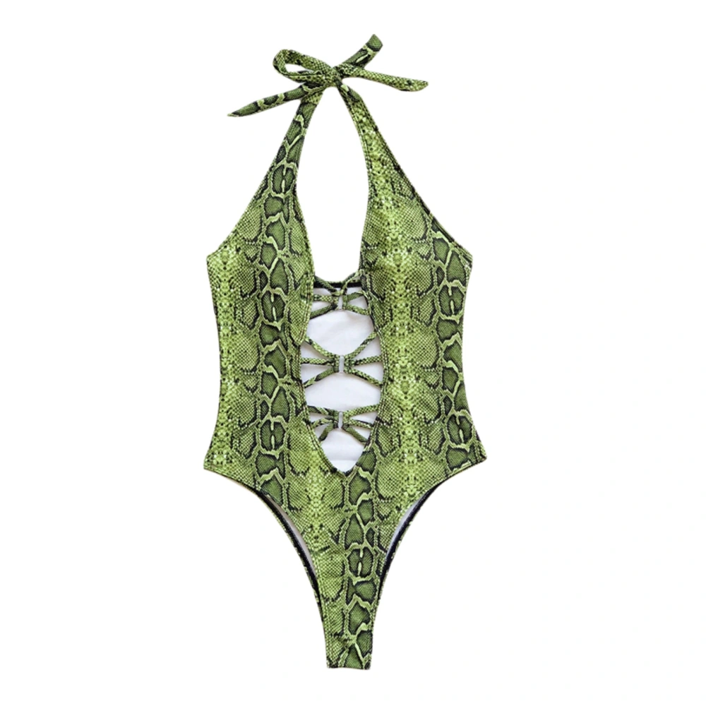 Ladies Swimsuit Cutout Snake Print / Solid Halter One Piece Bikini 