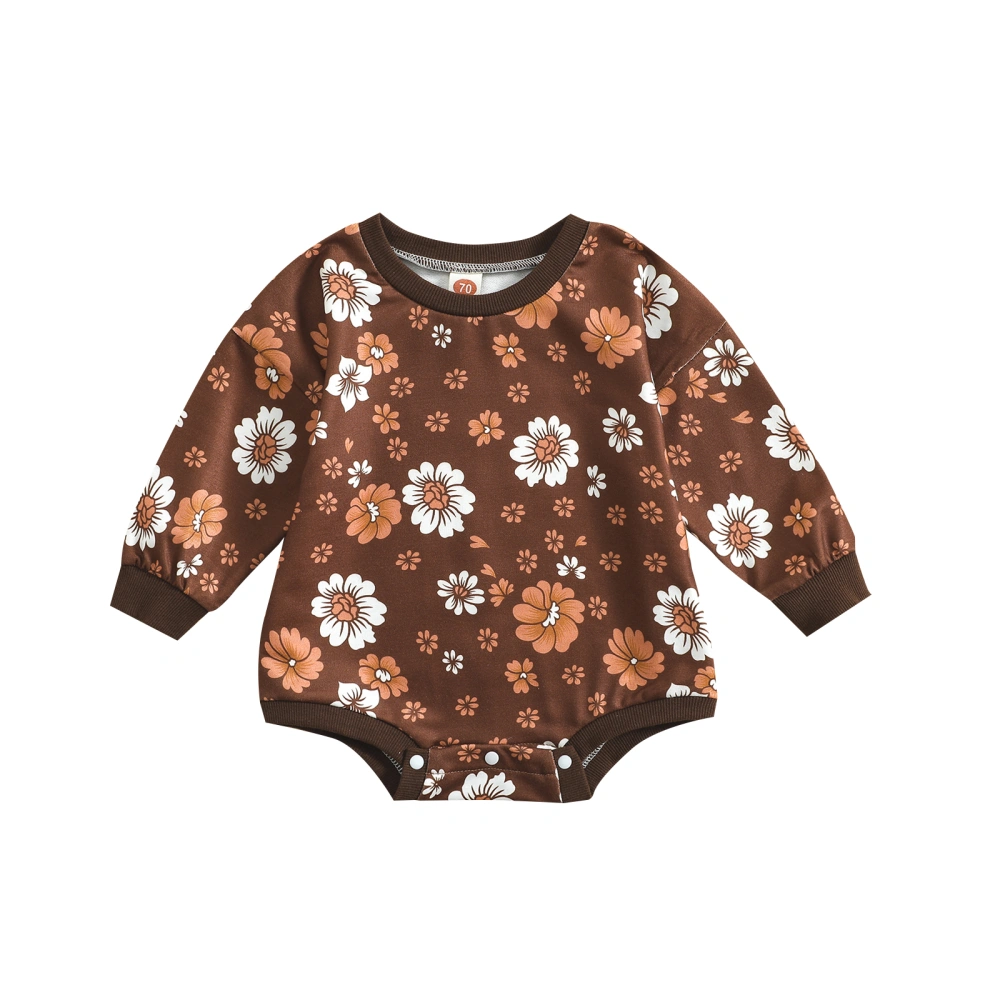 Baby Girls Romper, Long Sleeve Crew Neck Flower Print Autumn Bodysuit