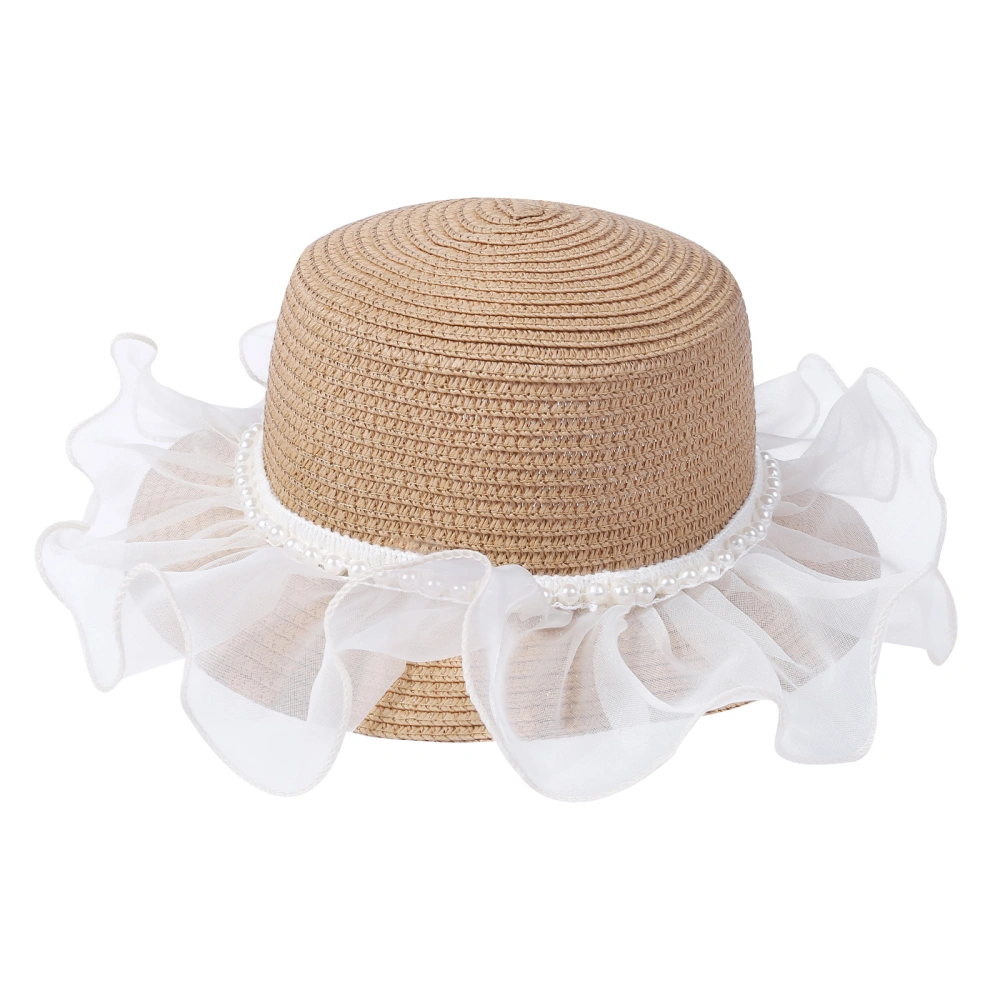 Little Girls Sun Hat, Wide Brim Tulle Layer & Pearls Beach Bucket Cap