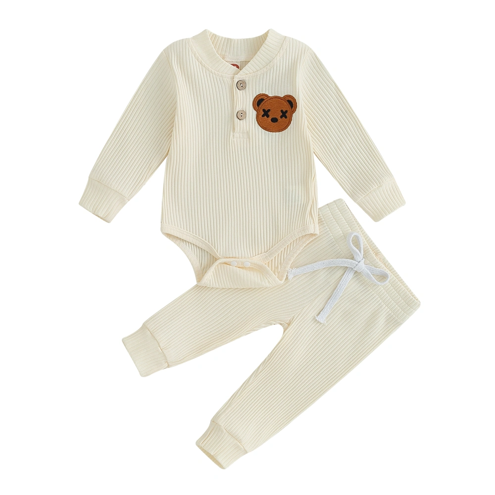 Baby Boy 2 Piece Outfit Bear Embroidery Ribbed Rompers and Pants