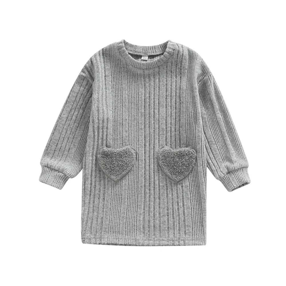 Toddler Girls Autumn Gray Long Sleeve O Neck Dress with Heart Pockets