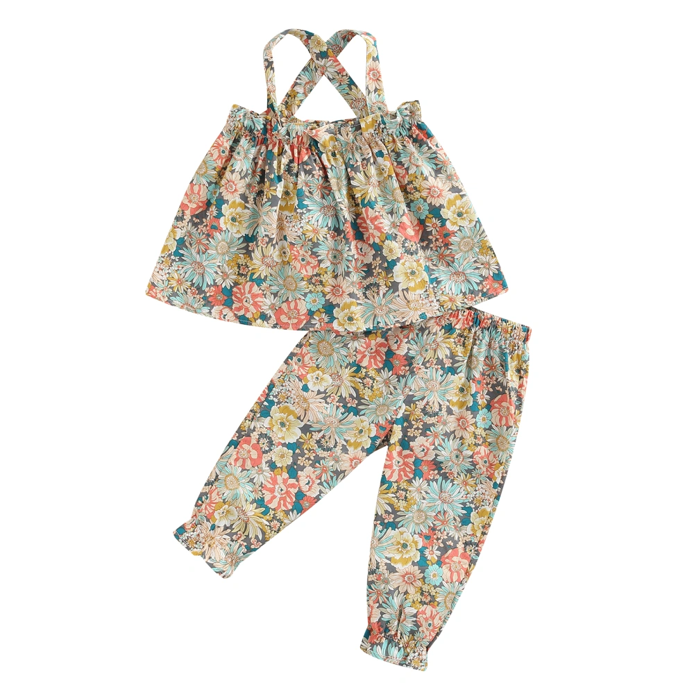 Toddler Girls Sleeveless Backless Camisole + Elastic Band Floral Pants