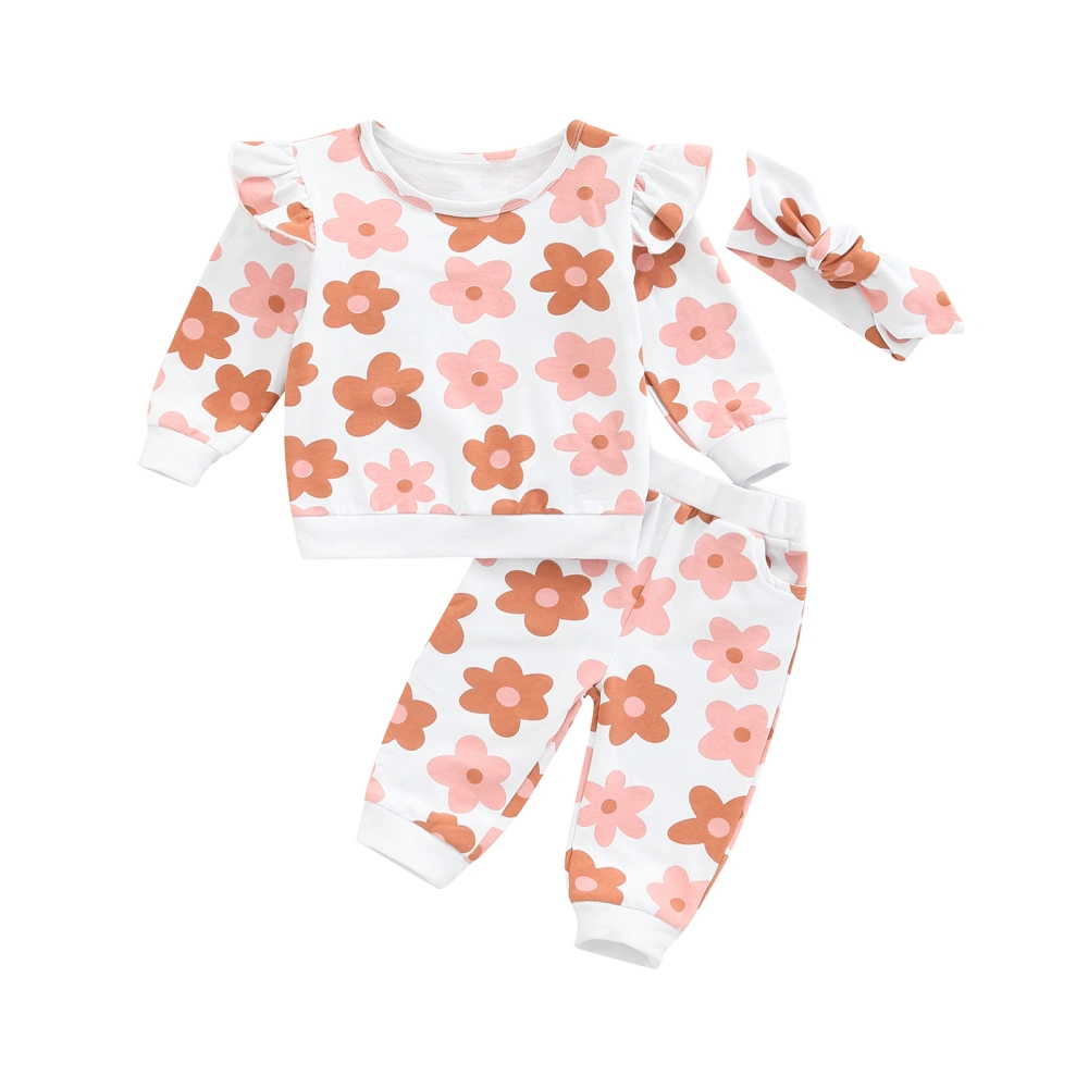 Baby Girls Floral Print Pullover + Trousers with Pockets + Headband