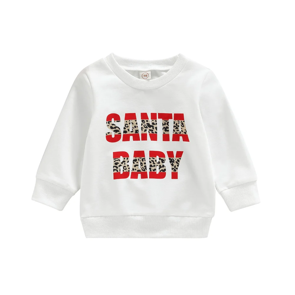 Baby Christmas Sweatshirt, Long Sleeve Leopard Letter Print Pullover