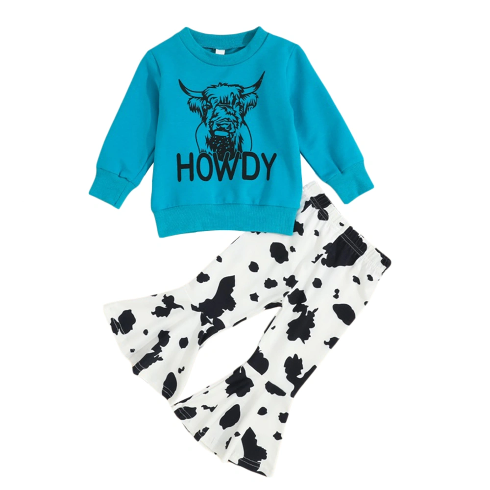 Girls Blue Long Sleeve Pullover + Cow Pattern Print Flared Pants