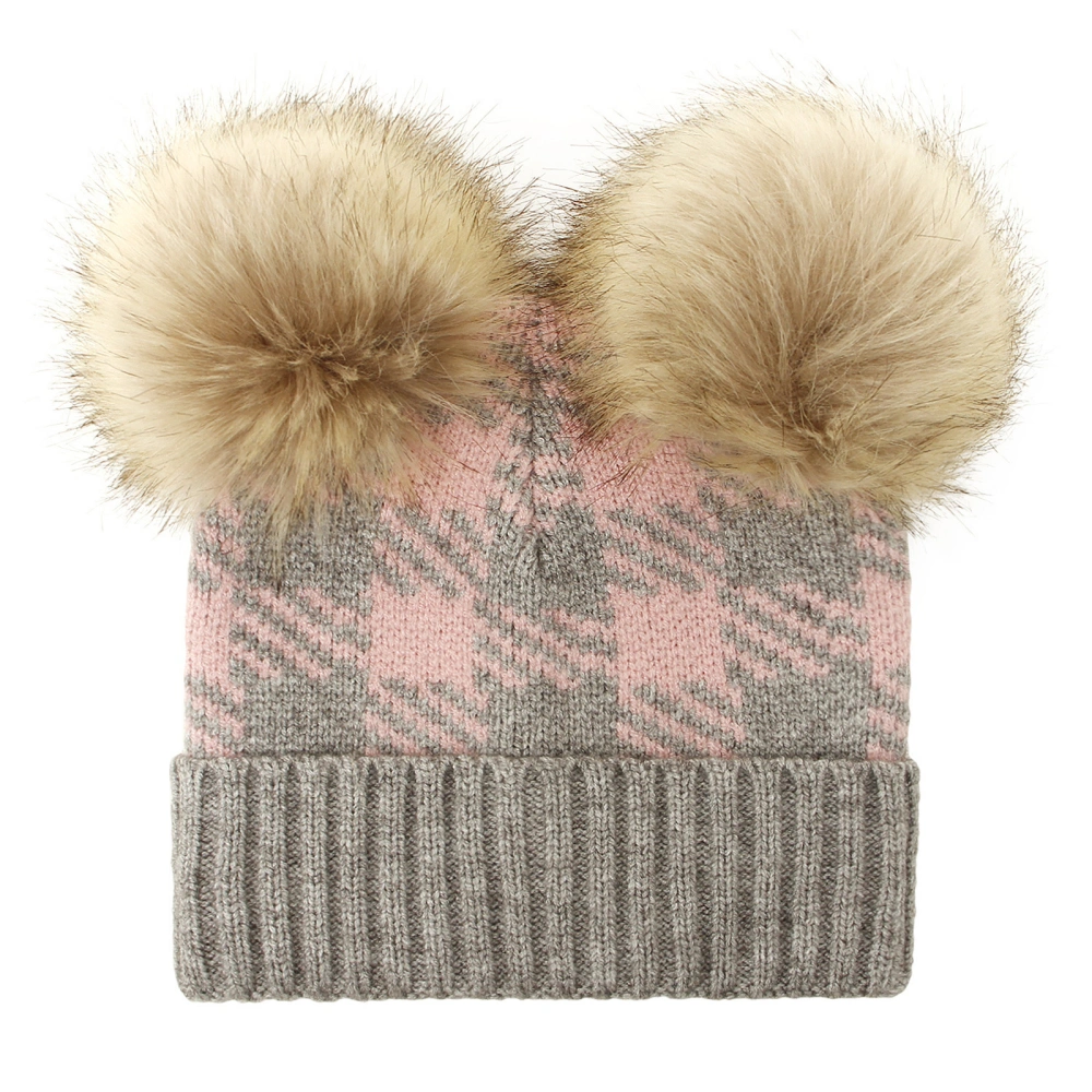 Infant Cap with Decorative Plush Balls, Plaid Printing Warm Hat