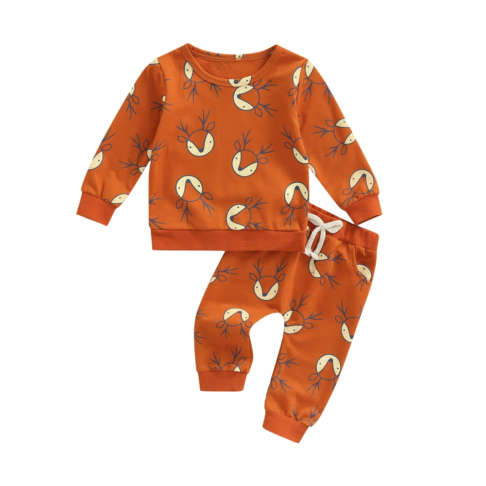 Baby Cartoon Deer Print Round Neck Long Sleeve Pullover+ Long Pants