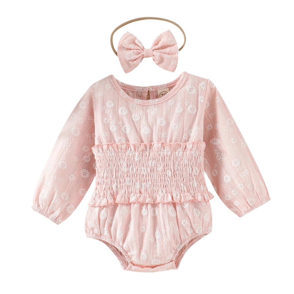 Floral Long Sleeve Round Neck Baby Girl Romper+ Headband Suit