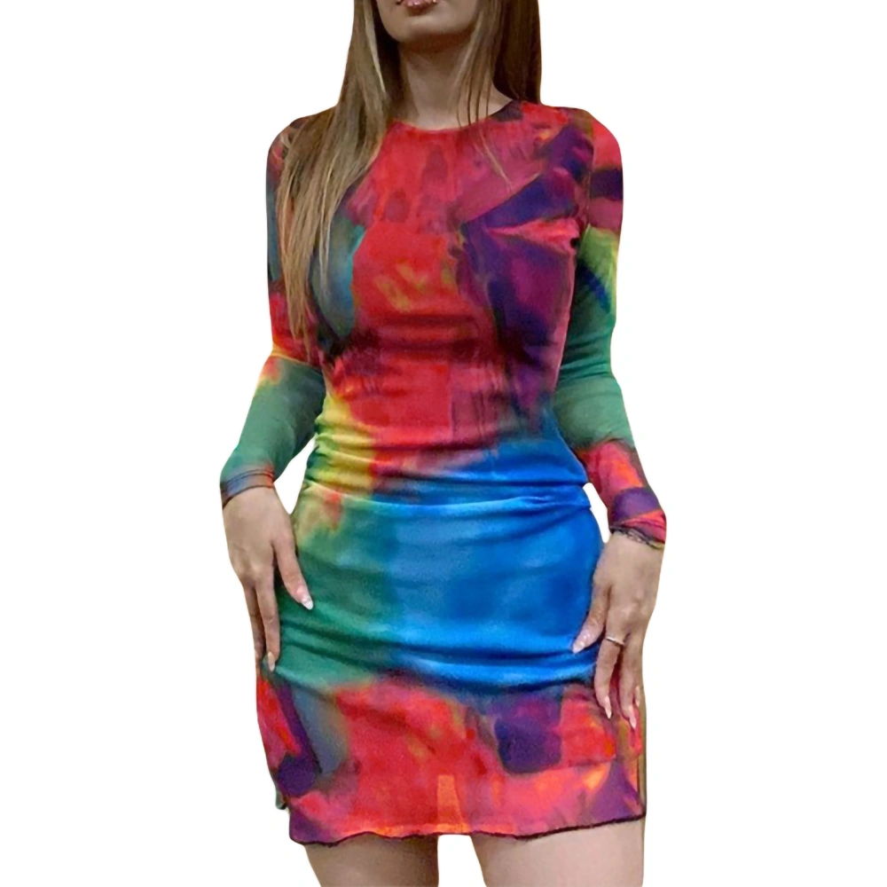 Women Long Sleeve Bodycon Dress Tie-Dye Print Crew Neck Dress