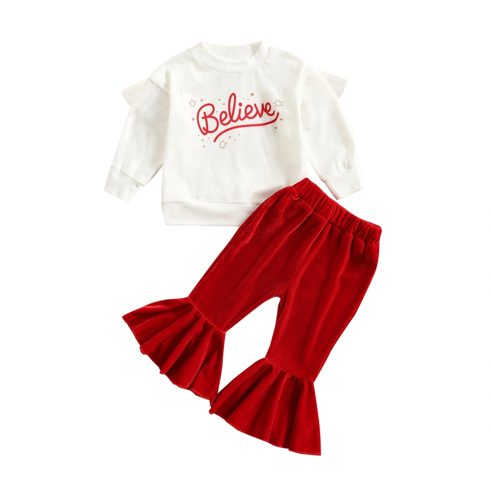 Girl White Long Sleeve O Neck Letter Print Pullover + Red Flared Pants