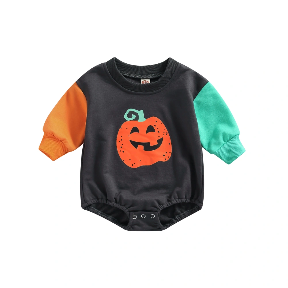 Halloween Bodysuit, Baby Girls Pumpkin Print Contrast Color Romper