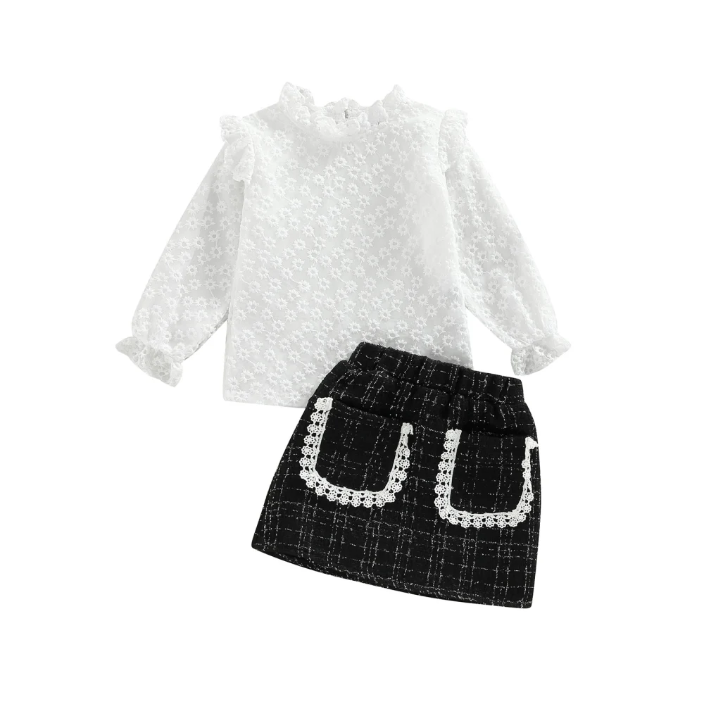 Kids Girls Floral Lace Shirt + Lace Patchwork Black Half Dress