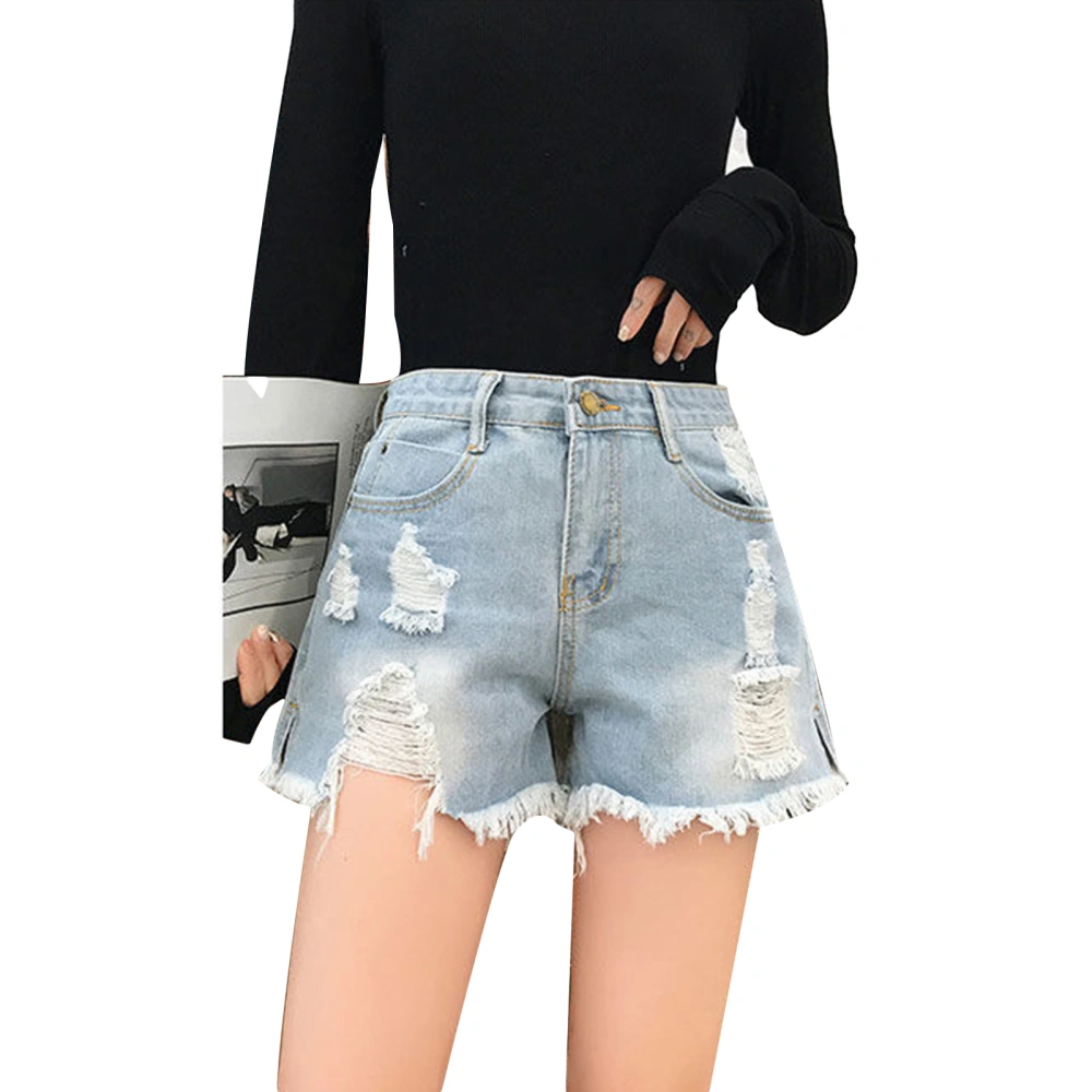 Ladies Ripped Denim Shorts, High Waist Rough Selvedge Loose Jeans