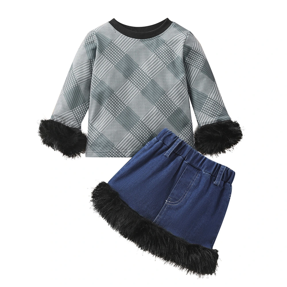 Kids Girl Summer Outfit  Long Sleeves Plaid Tops and Denim Skirt Set