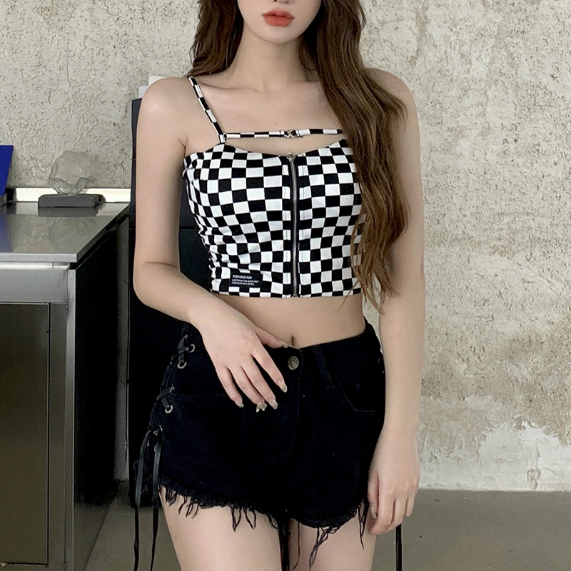 Women's Zip Up Spaghetti Strap Checkerboard Print Crop Cami Tops