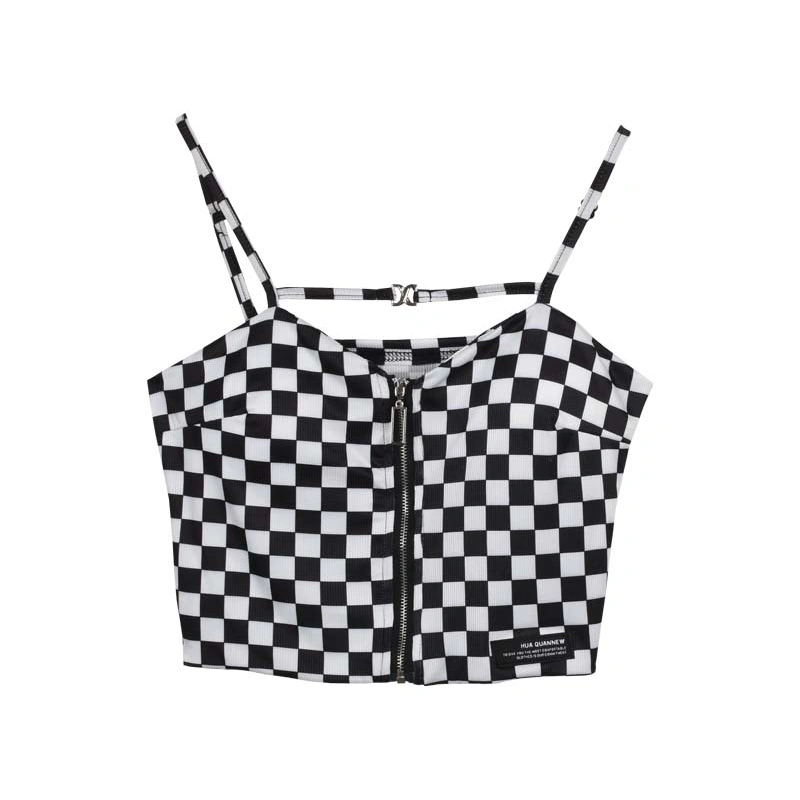 Women's Zip Up Spaghetti Strap Checkerboard Print Crop Cami Tops