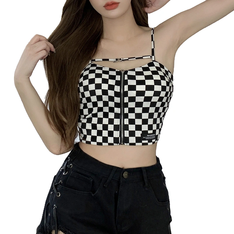 Women's Zip Up Spaghetti Strap Checkerboard Print Crop Cami Tops