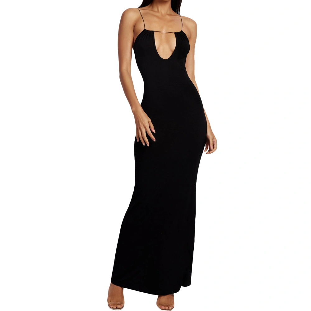 Women Sling Dress, Spaghetti Straps Backless Hollowed Solid Long Dress