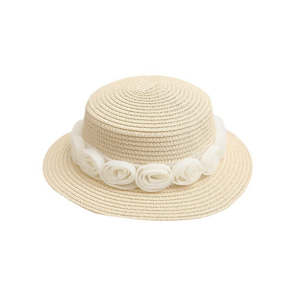 Kid Girl Sunscreen Hat Wide Brim Floral Straw Plaited Summer Cap 