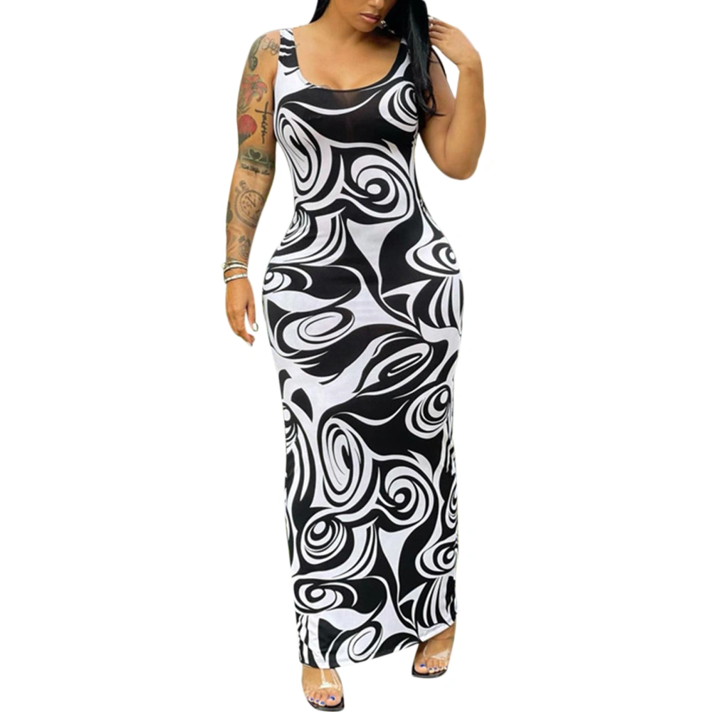 Women Summer Tank Dress, Fashion Printed Sleeveless Bodycon Midi Dress