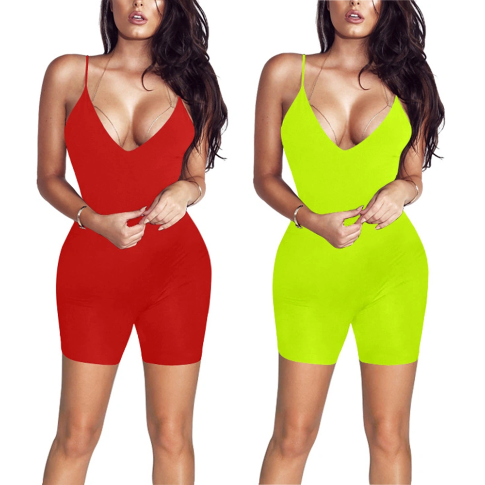 Women Summer Bodysuit, Solid Color Spaghetti Strap Tight Jumpsuit