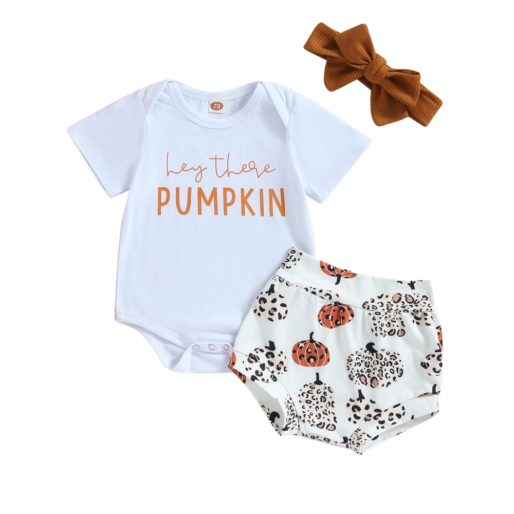 Baby Girls Thanksgiving Outfits Romper + Pumpkin Shorts + Headband Set