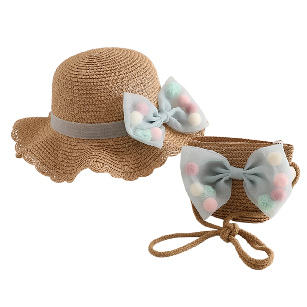 Toddler Girls Wide Brim Bowknot Straw Sun Hat with Cute Shoulder Bag 