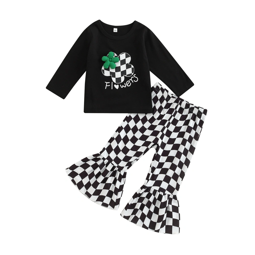 Girls Long Sleeve Letter Print Tops + Checkerboard Print Flared Pants