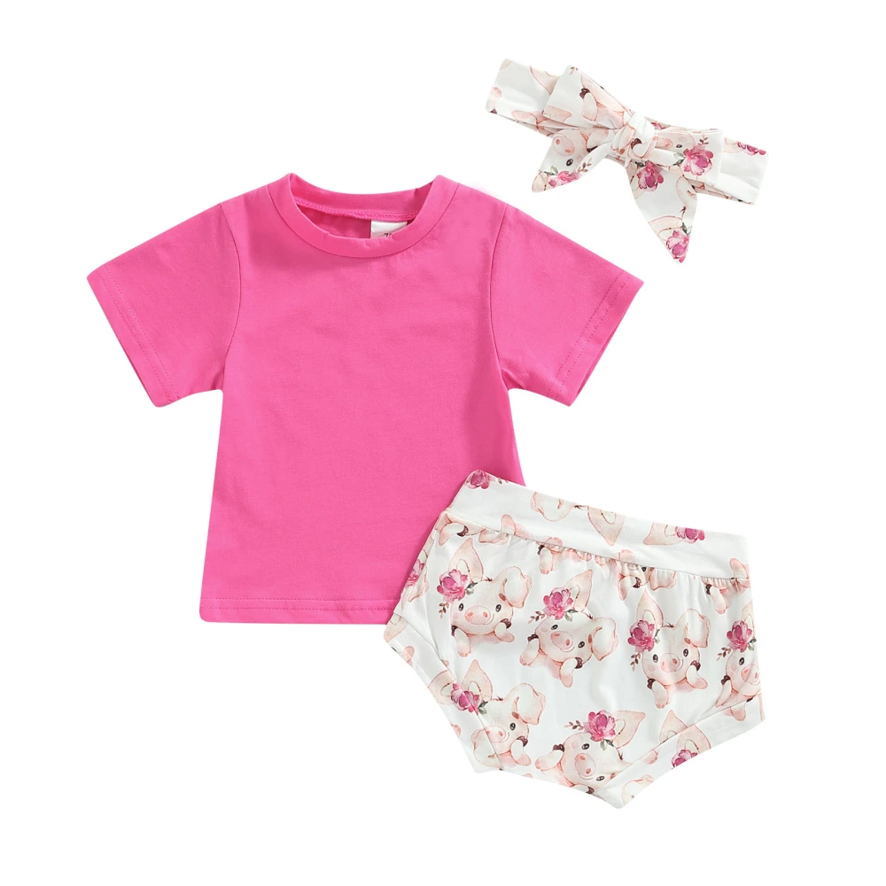 Girls Summer Outfit Twist Sleeve Tops and Pig Print Shorts Headband