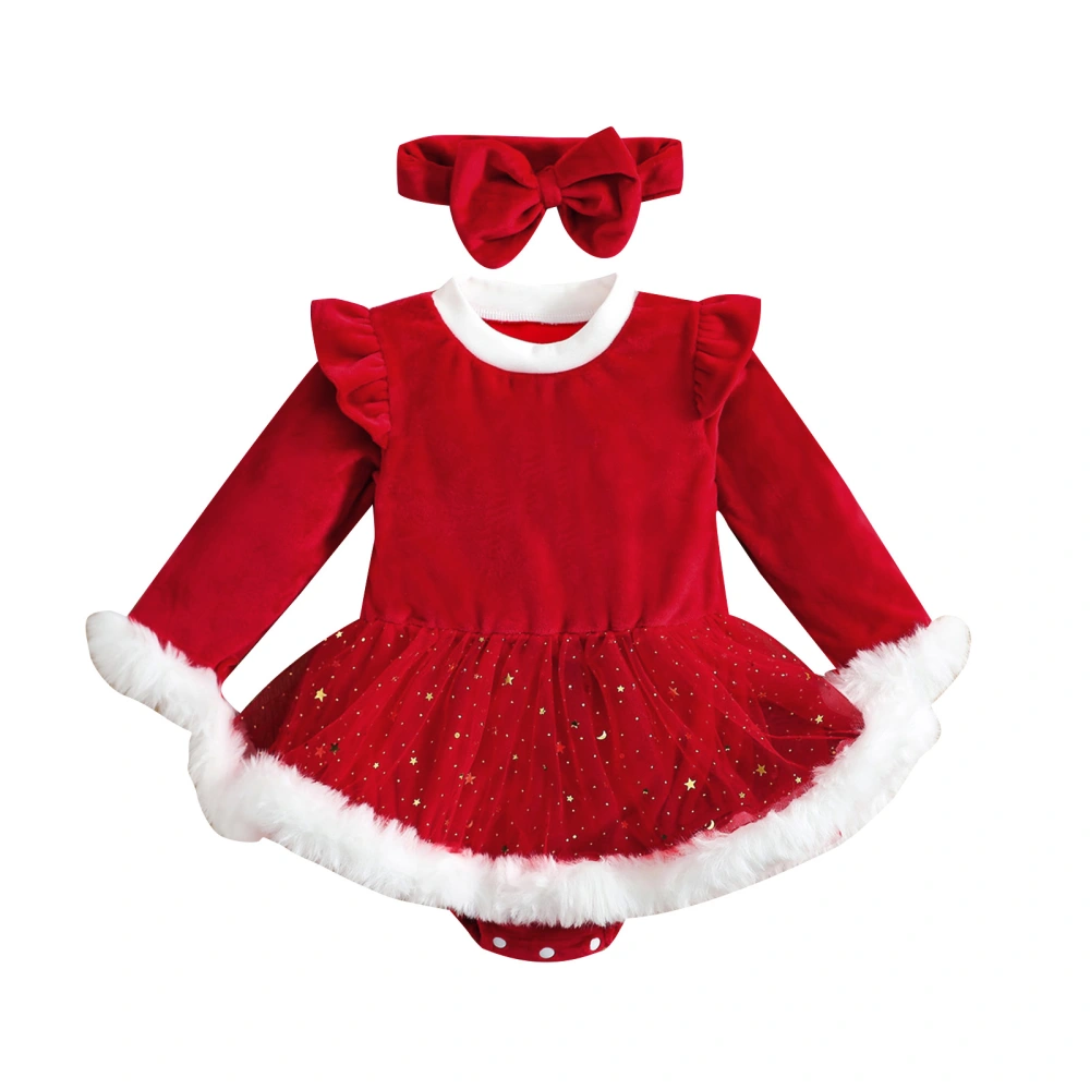 2Pcs Baby Girls Christmas Outfit, Long Sleeve Romper Dress + Hairband