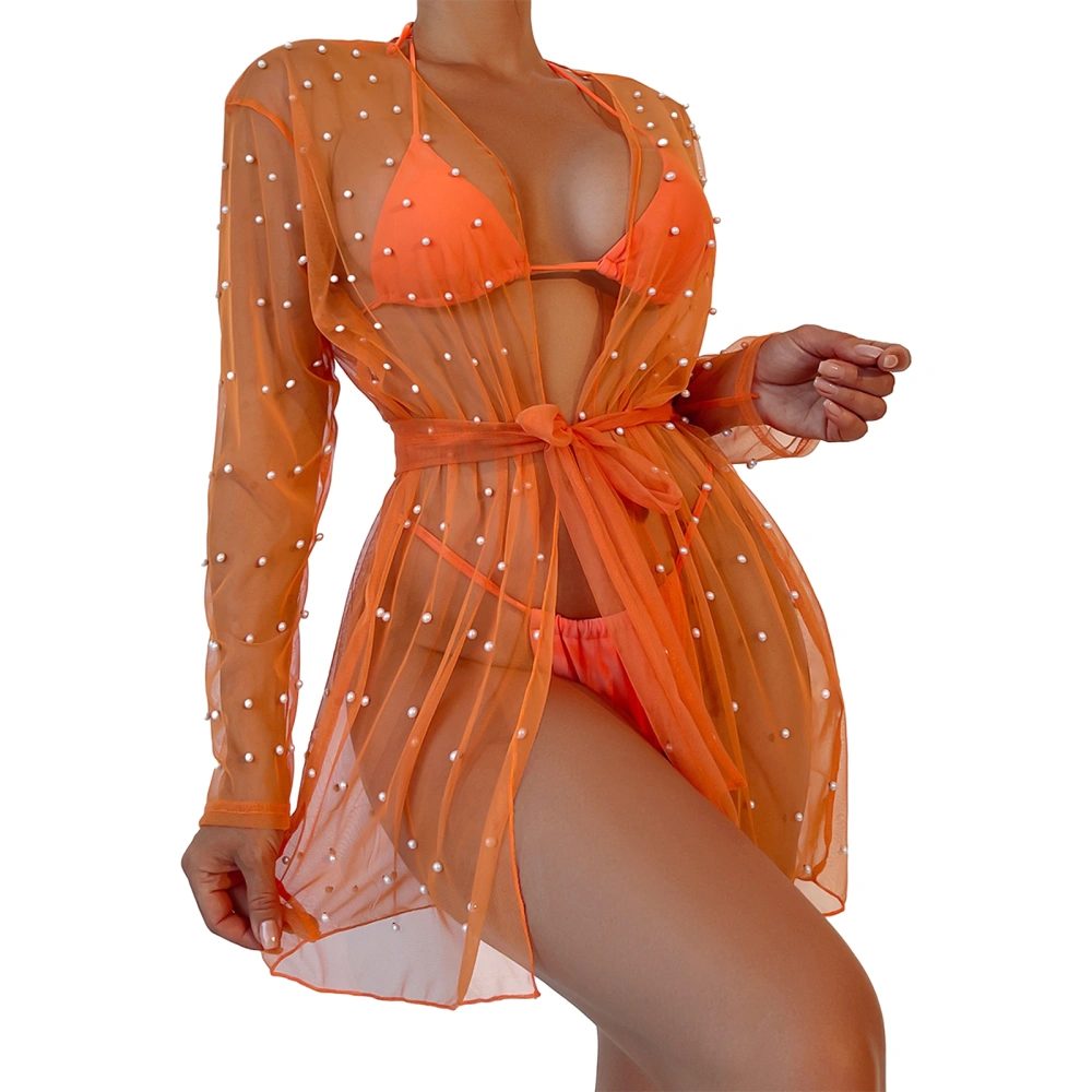 Women Kimono Swimsuit Cover up Sheer Mesh Pearls Bikini Cardigan 