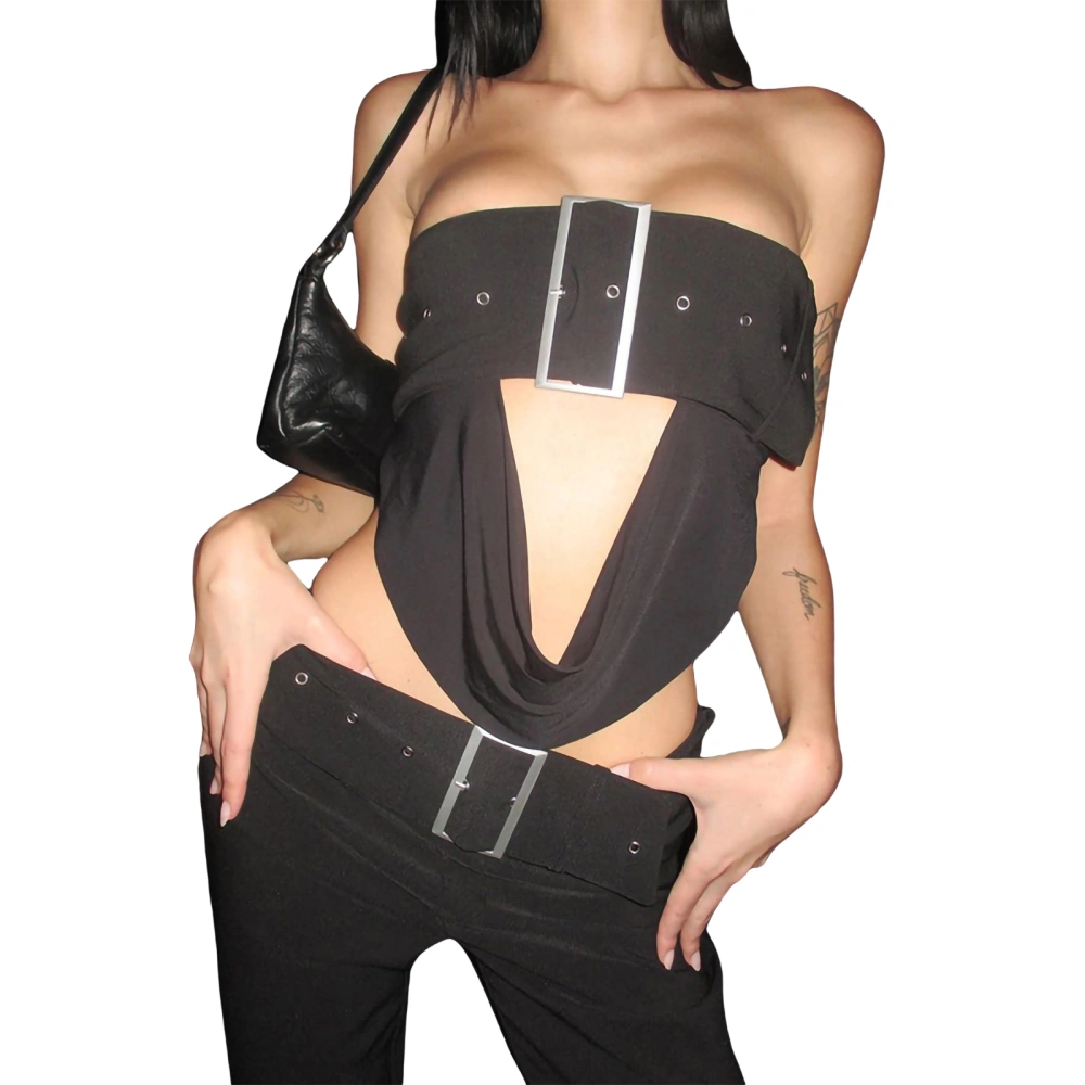 Women Tube Top, Strapless Backless Buckled Draped Solid Summer Vest