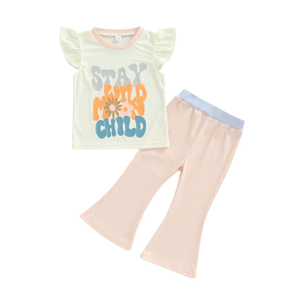 2-Piece Girls Outfit, Letter Print Quarter-Sleeve T-Shirt + Flares