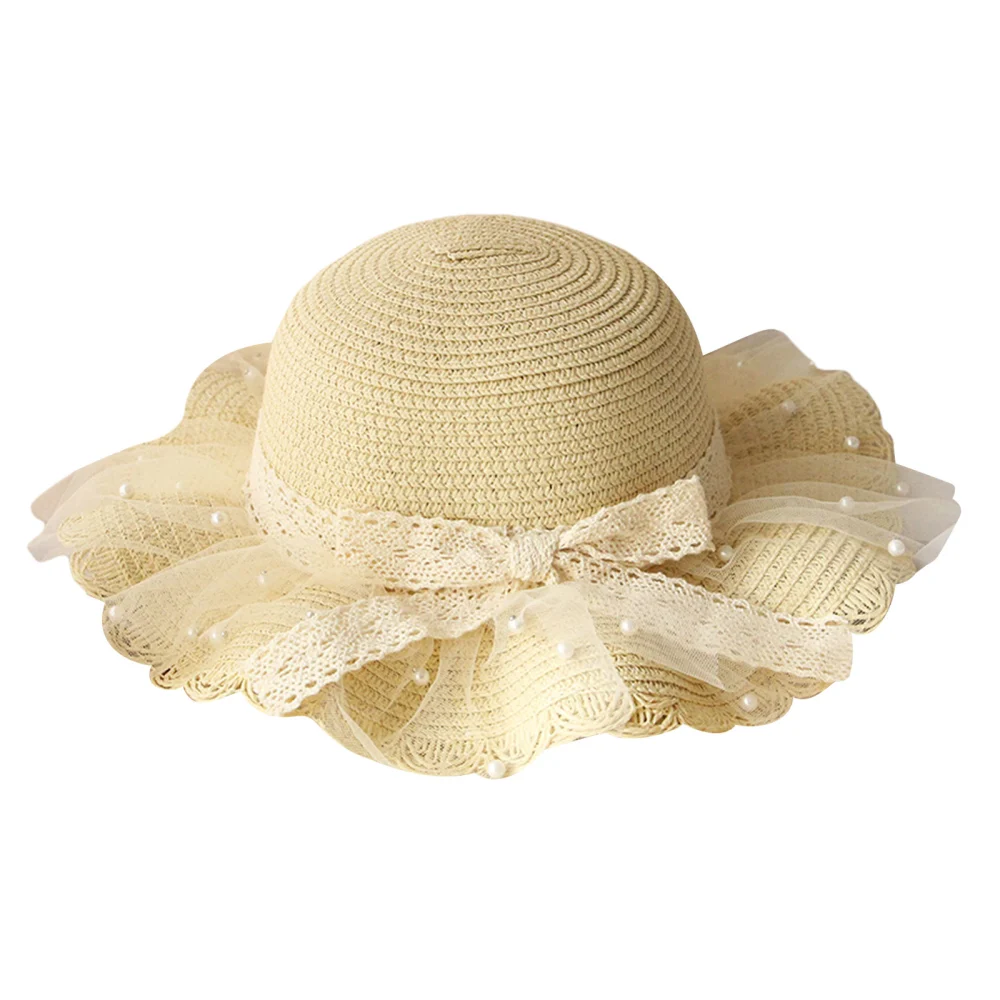 Girls Summer Hat Pearl Mesh Bow Weave Wavy Design Dome Beach Hat 