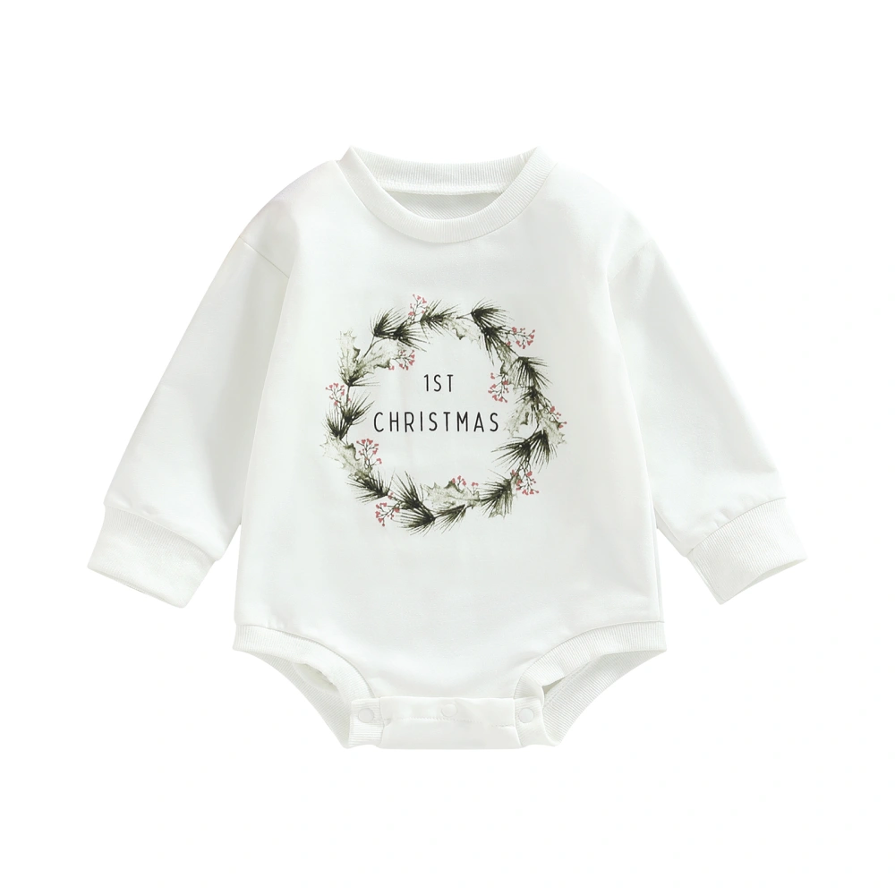 Baby Christmas Romper, Long Sleeve Tree/Wreath Print Bodysuit