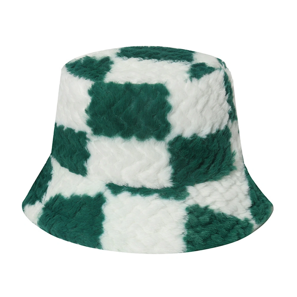 Women Plush Hat Velvet Warm Winter Fall Checkerboard Bucket Hat