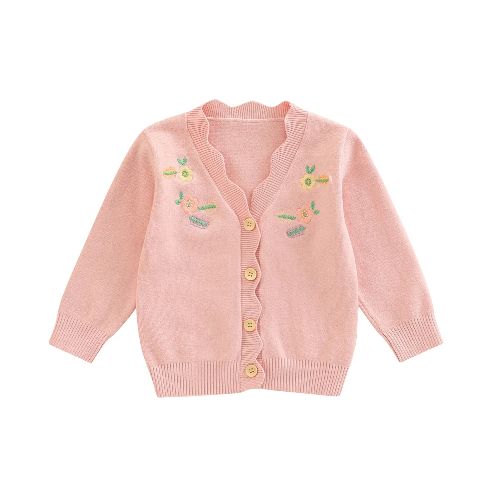 Baby Girl Knitted Cardigan Flower Embroidery, Single Breasted Clothing