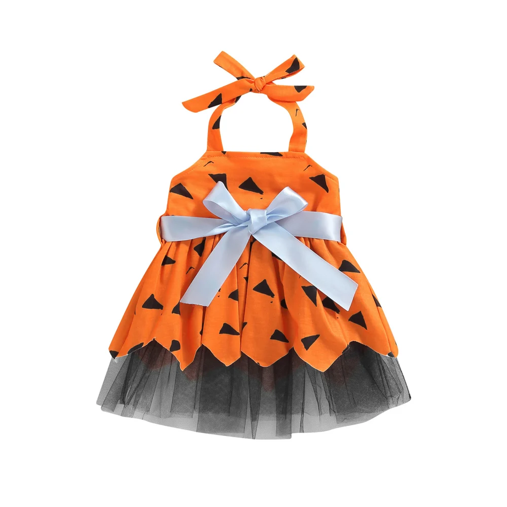 Baby Girls Sleeveless Dress Halloween Geometric Print Halter Dress