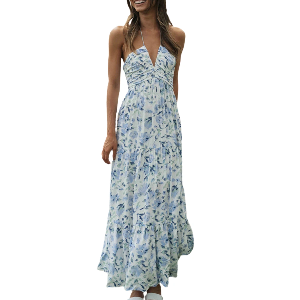 Women Long Dress, Sleeveless Tie-up Halterneck Floral Swing Dress