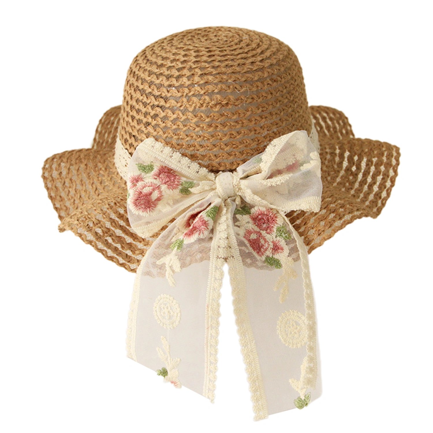 Kids Girl Big Brim Hat, Embroidery Flower Bow-Knot Beach Sun Caps