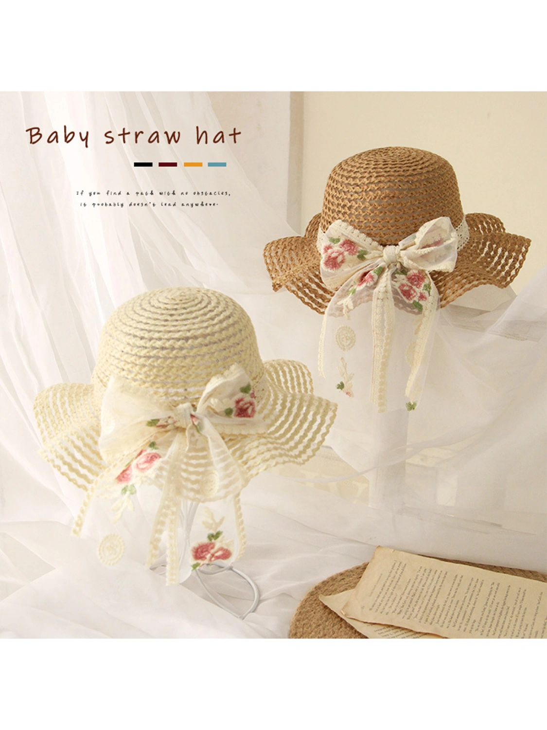 Kids Girl Big Brim Hat, Embroidery Flower Bow-Knot Beach Sun Caps