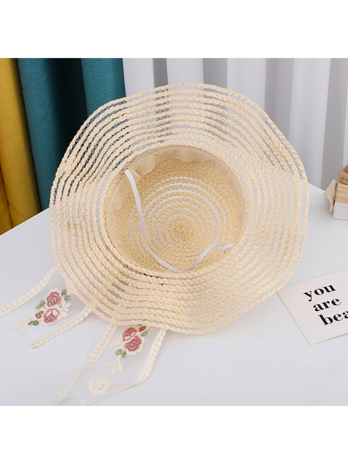 Kids Girl Big Brim Hat, Embroidery Flower Bow-Knot Beach Sun Caps