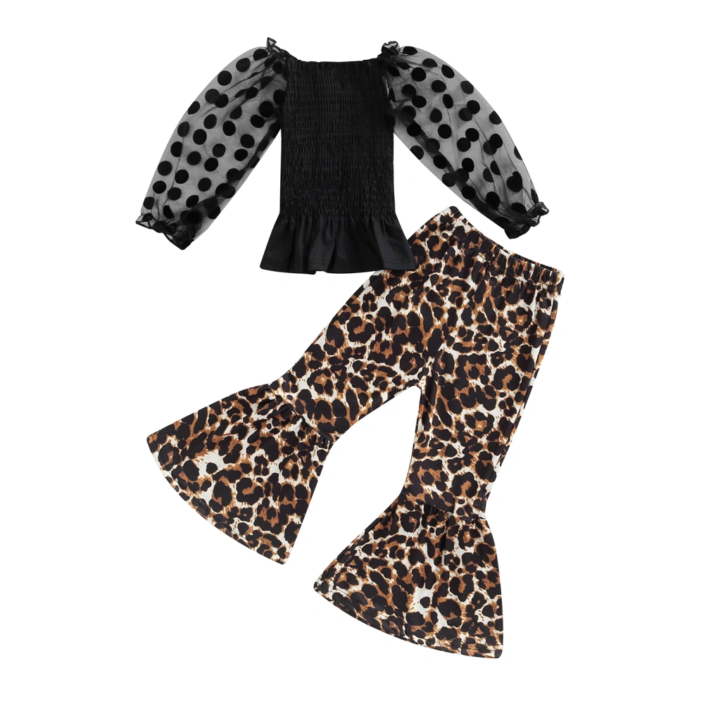 Girl Two Piece Set, Lantern Sleeve Tops Leopard Flared Pants