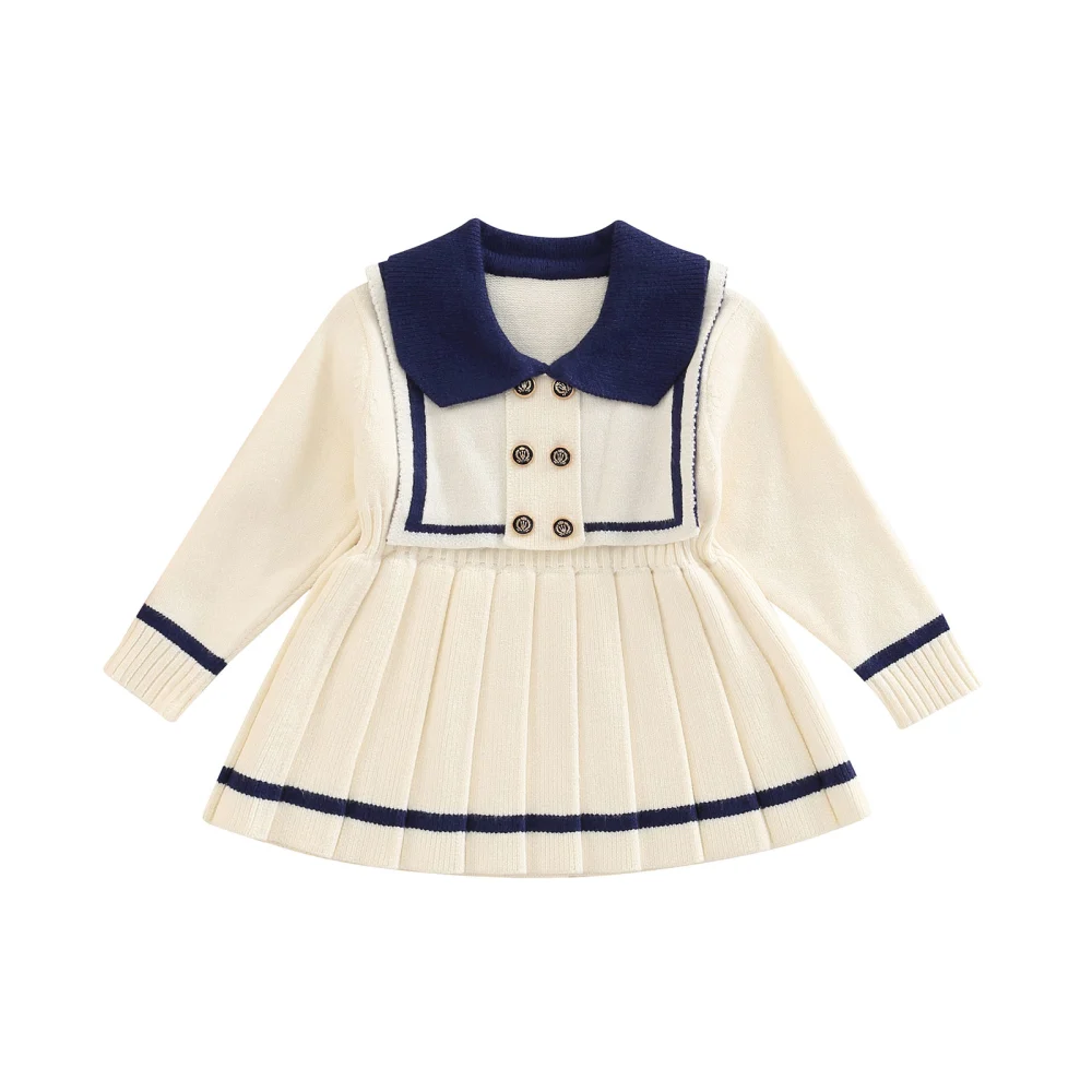 Baby Girls Contrast Color Sailor Collar Pleated Sweater Dress