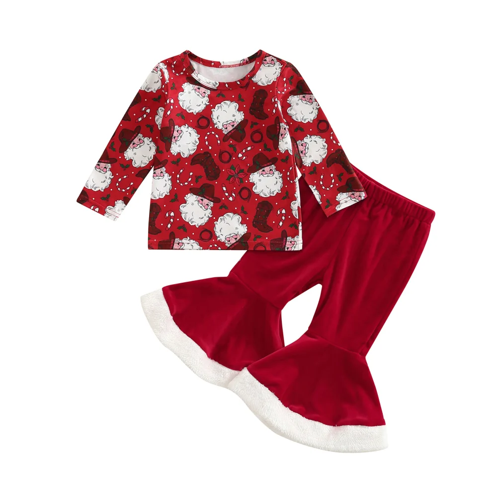 Girl 2Pcs Christmas Outfits, Cartoon T-Shirt + Velvet Flare Pants Set