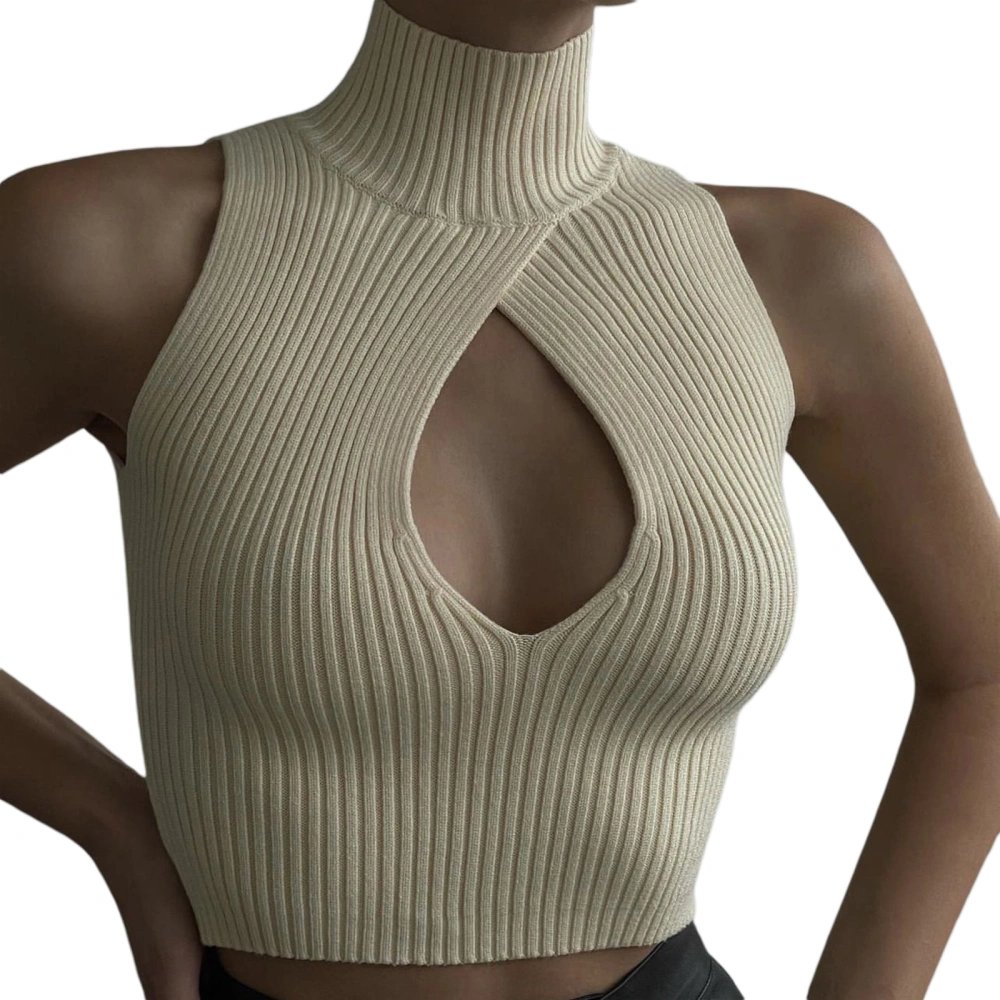 Women Crop Vest Sleeveless High Neck Knitting Cutout Solid Tops 