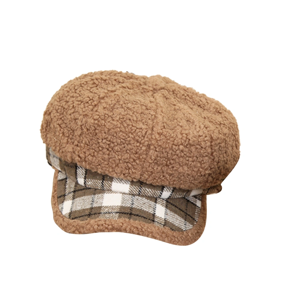 Kid Winter Hat Outdoor Warm Wool Velvet Plaid Street Beret Cap 